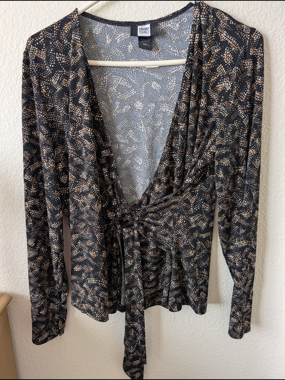 Studio 1940 Black Wrap Blouse with Beige Dot Print